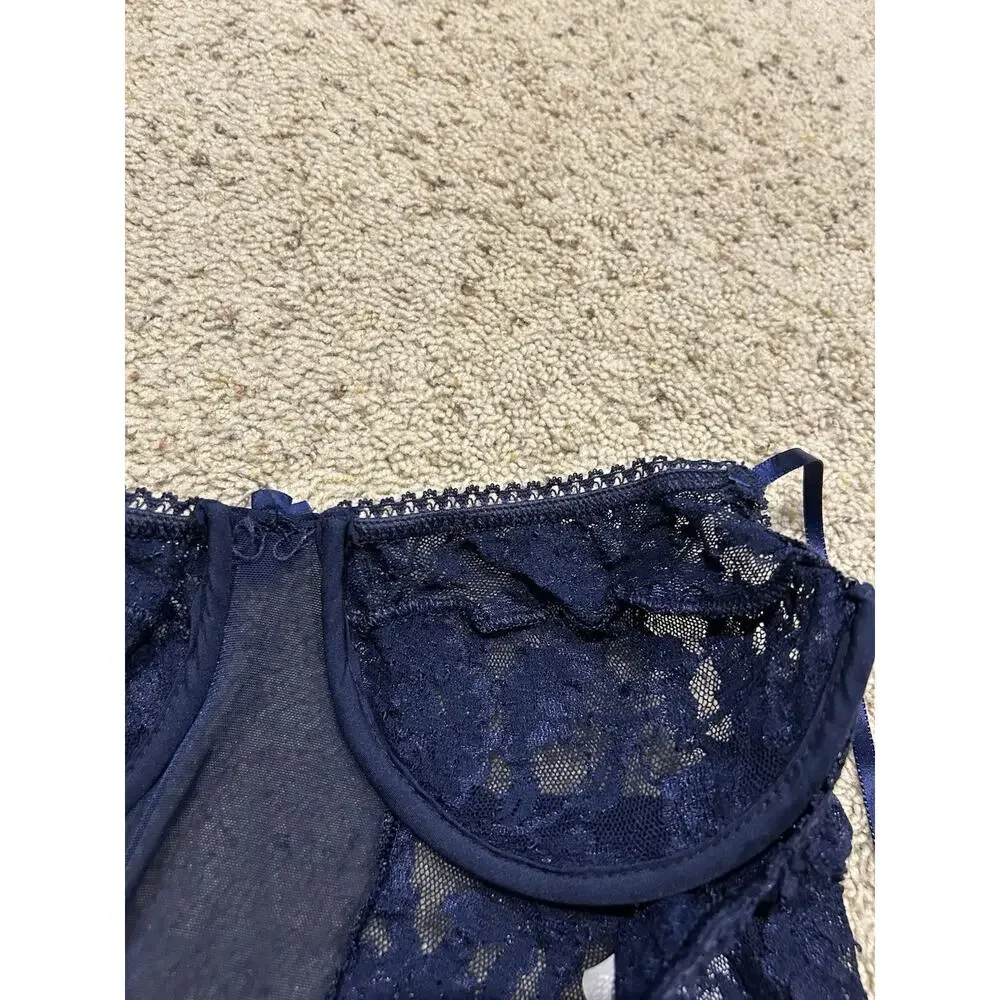 Vintage The Pleasure Company sz 1X Lingerie Teddy Bodysuit Lace Sheer NAVY E25